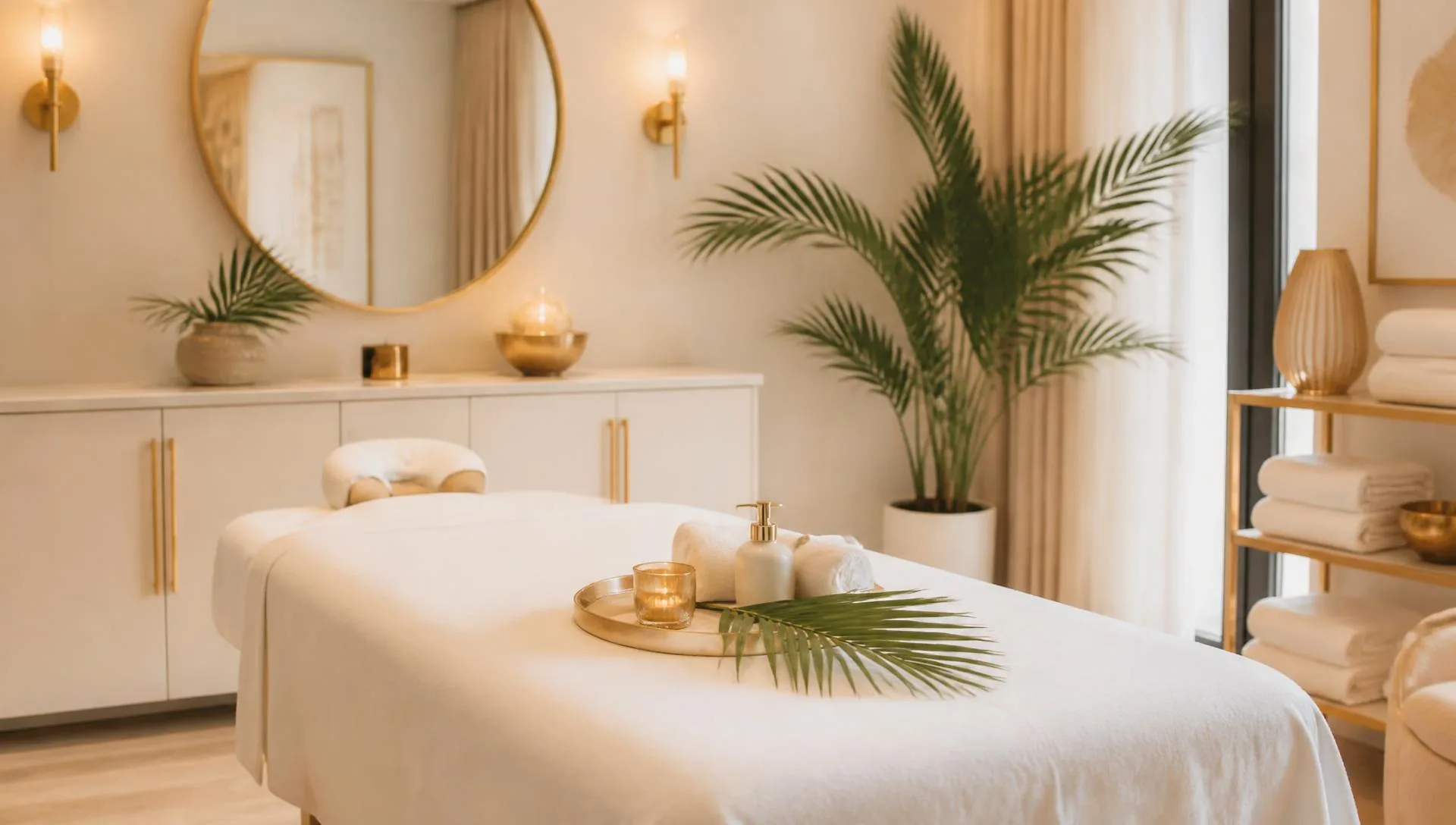 Bright, peaceful massage studio interior with fresh linens and palm accents